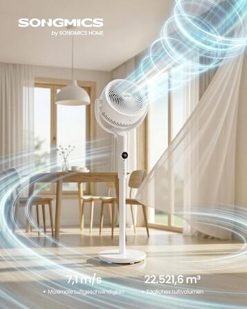 Вентилятор підлоговий SONGMICS XFC002W1EU тихий (20 дБ), з пультом, 15 швидкостей, 3 режими, 120°/135° осциляція, таймер 15 год, регульована висота, білий