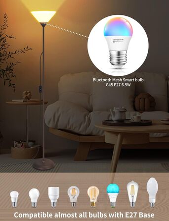 LED торшер Aigostar для вітальні та спальні, з Bluetooth Mesh G45 E27 6.5W лампою, димером, RGB та 2700K-6500K, з пультом, сумісний з Alexa