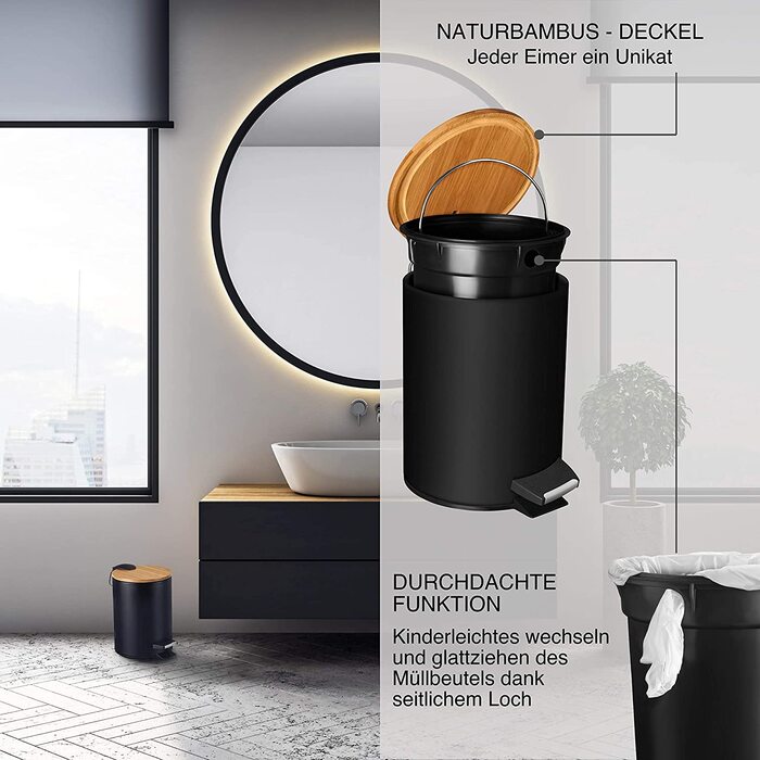 Косметичний відро для сміття VMbathrooms 3 л, чорний матовий, з бамбуковою кришкою, педальний, з м'яким закриванням, для ванної кімнати