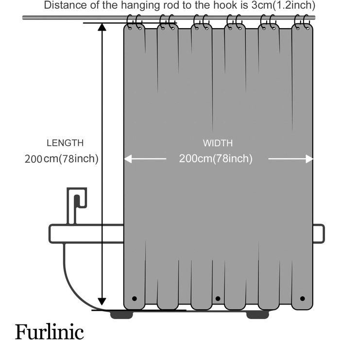 Душова завіса Furlinic 200x200 см, антибактеріальна, водонепроникна, для ванни і душу, EVA, з 12 кільцями, темно-синя, протигрибкова, з обважнювачем