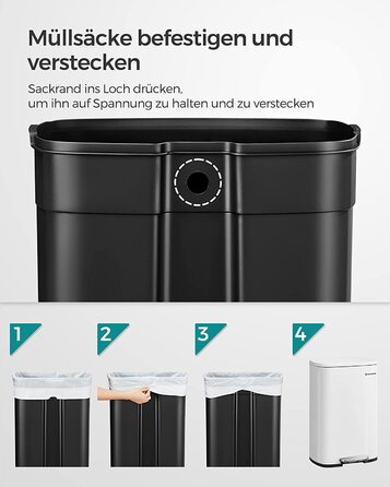 Смітник для кухні SONGMICS 50 л з педаллю, кришкою Softclose, білий, сталевий корпус, внутрішнє відро