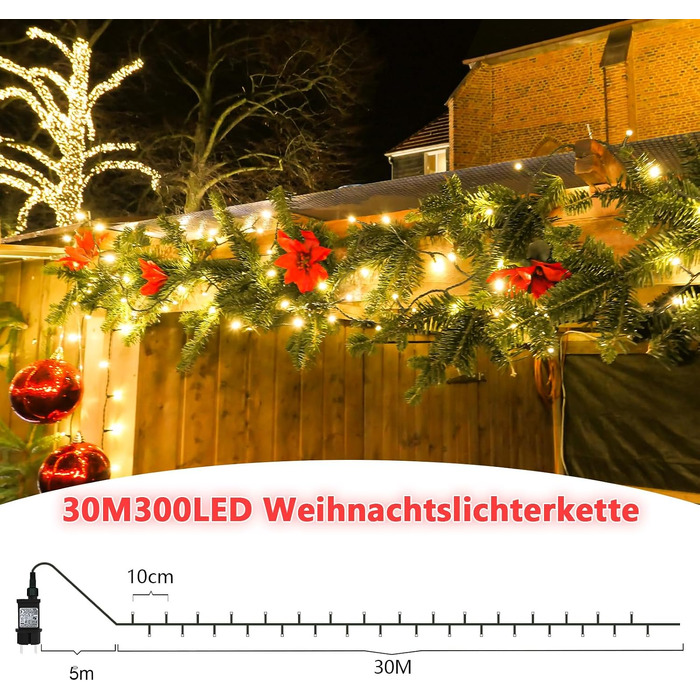 Світлодіодна гірлянда для вулиці та дому 500 LED, 30м, теплий білий колір, 8 режимів роботи, водонепроникна IP44 з таймером, різдвяна ілюмінація для ялинки та саду