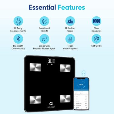 Arboleaf електронна ваги для вимірювання жирової маси тіла з Bluetooth, аналізатор складу тіла, додаток, до 180 кг, визначає ІМТ, пульс, м’язи, воду, білок, скелетні м’язи, BMR
