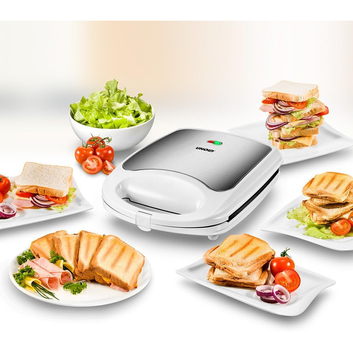 Сендвічниця Unold 48480 Quadro, 4 тости, антипригарне покриття, автоматична терморегуляція, 1100 Вт, теплоізольовані ручки, білий/нержавійка