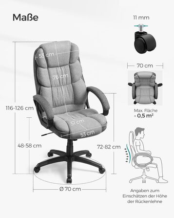 Офісне крісло SONGMICS OBG024G01, ігрове, регульоване, для комп'ютера, голубо-сіре, 53x51x(112-122) см