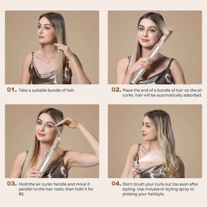 UKLISS Hairstyler Airstyler 8-в-1: Фен-щітка, випрямляч, плойка, насадки для об'єму та іонізація - Швидке сушіння для всіх типів волосся, колір шампань