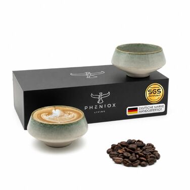 Набір керамічних чашок для капучино та лате Pheniox Barista, 2 шт по 180 мл, порцеляна для Latte Art, без ручок, стійкі до миття в посудомийній машині (Зелений)