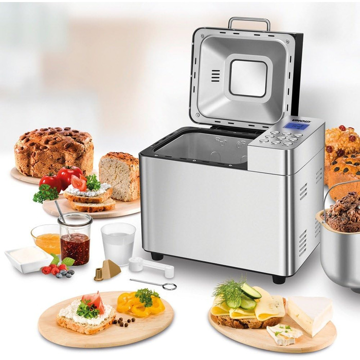 Хлібопіч Unold Backmeister Edel 68456, 550 Вт, 750-1000 г, керамічне покриття, 16 програм, для хліба, джему, тіста, LCD-дисплей, нерж. сталь