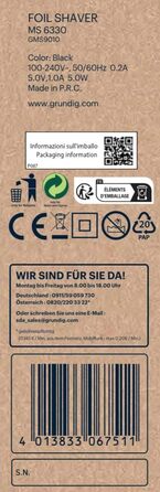 Чоловіча електробритва GRUNDIG MS 6330, 60 хв роботи, висувний тример, 3-різальний блок, 74% перероблений пластик, для подорожей, чорна