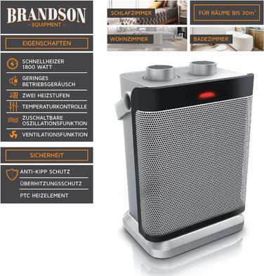 Обігрівач Brandson 1800 Вт для 30 м², 2 режими, вентилятор, регульований термостат, захист, ручка