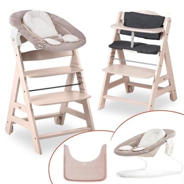 Високий стільчик для годування Hauck Beta+ Newborn Set - комплект для новонароджених, від народження з 2-в-1 функцією гойдалки, подушкою для сидіння та підносом для їжі (Whitewashed)