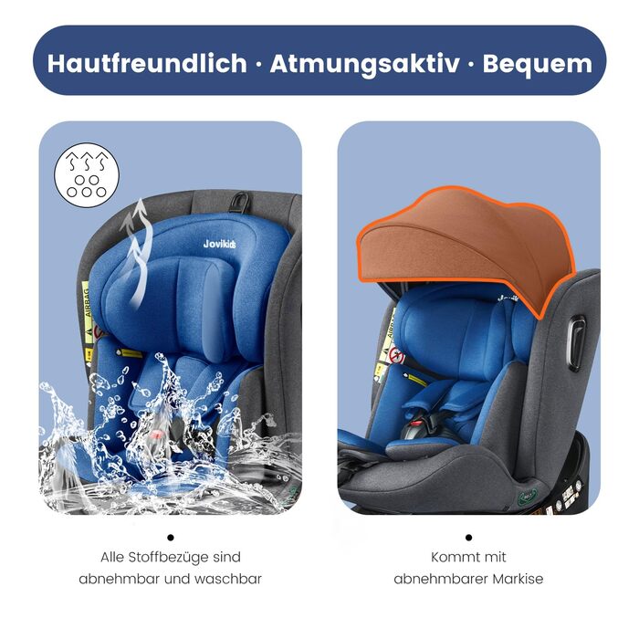 Дитяче автокрісло Jovikids 360° з ISOFIX, i-Size 40-150 см (від народження до 12 років), реверсивне, з відкидною спинкою та знімним капюшоном, синє, ECE R129