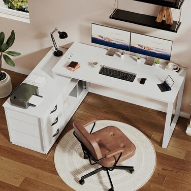 Кутовий L-подібний письмовий стіл JUMMICO з 3 шухлядами, розеткою та USB-портом, білий (140 x 105 см) для дому та офісу