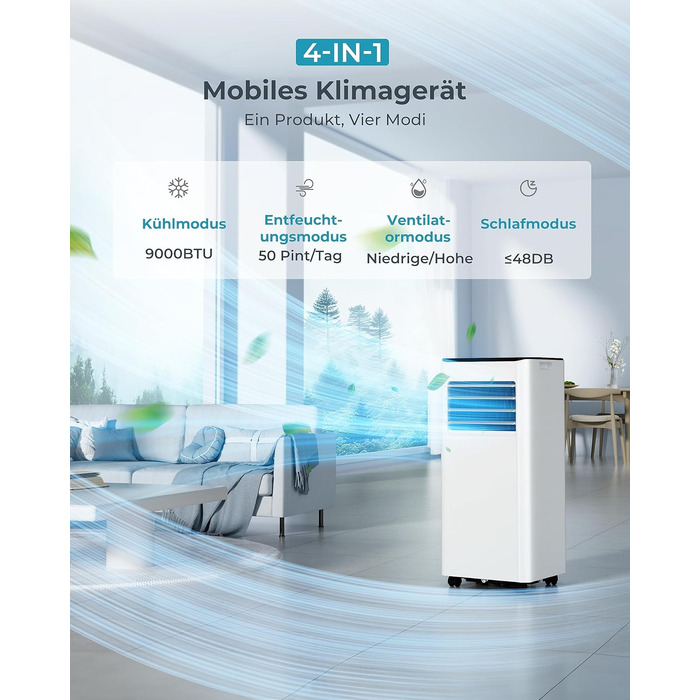 Мобільний кондиціонер з відведенням повітря 9000 BTU 4-в-1: тихий, з дисплеєм, пультом, таймером на 24 год, для приміщень до 20 м²