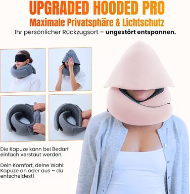 Подорожня подушка для шиї з капюшоном з ефектом пам'яті (Memory Foam) для літака та авто, 100% бавовна, захист від світла, Sakura Pink, Hooded Pro