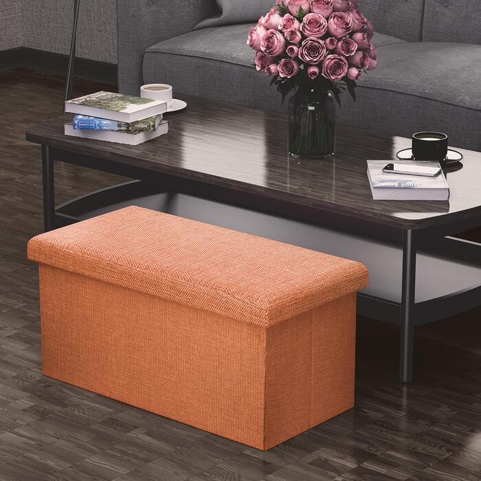 Складна сидіння-скриня INTIRILIFE 78x38x38 см, мандариновий, з кришкою, тканина під льон – пуф з місцем для зберігання, банкетка, табурет, короб для взуття