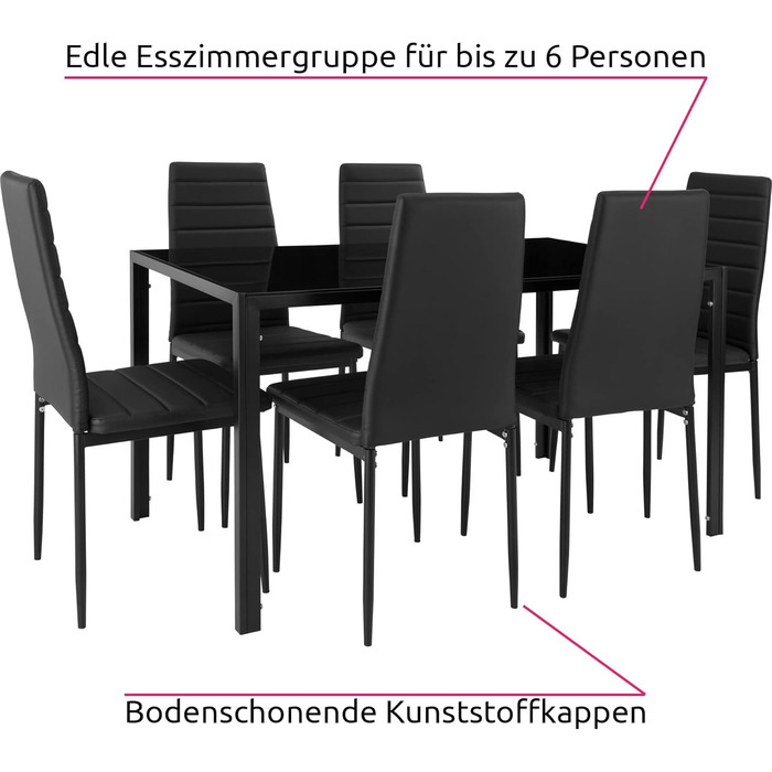 Комплект меблів для їдальні tectake 800551: стіл зі скляною стільницею та 6 стільців із міцної екошкіри, чорний