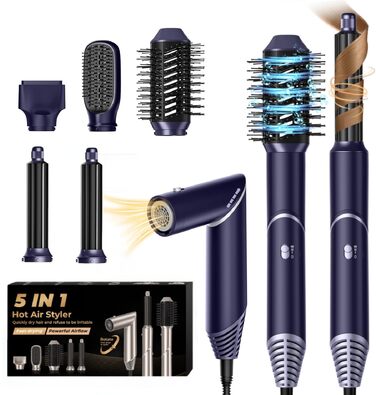UKLISS 5-в-1 Airstyler Фен-щітка для укладки волосся з насадкою для локонів, 60000 об/хв, блакитний