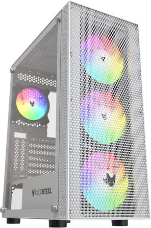 Oversteel Azurite ігровий корпус для ПК, білий, ATX/Micro ATX/ITX, 4 вентилятори 120 мм A-RGB, сітчаста передня панель, загартоване скло, USB 3.0, вертикальний монтаж