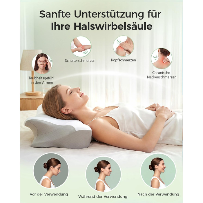 Ортопедична подушка для шиї з піни Memory Foam, ергономічна підтримка для комфортного сну, з підставкою під руки для сну на спині, животі та боку, сіро-біла