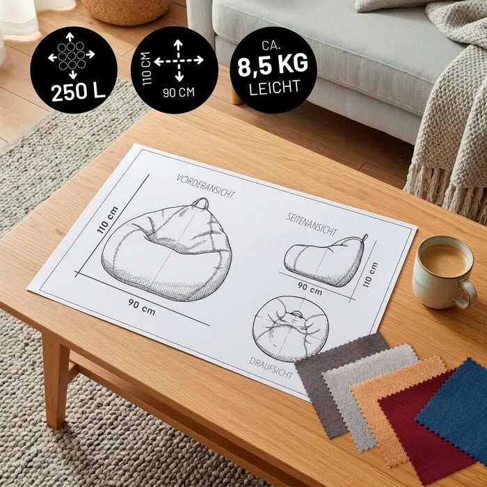 Мішок-крісло Lumaland Comfort Line 80x90x50 см, червоний - м'яке та зручне для дітей та дорослих, з EPS-гранулами (185 л)
