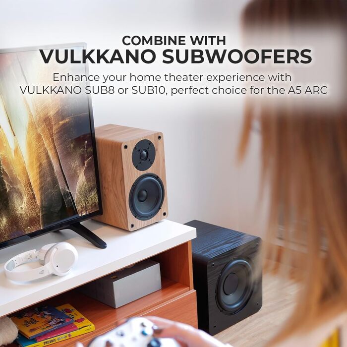 VULKKANO A5 ARC Поличкові колонки Bluetooth 5.0 з HDMI ARC, оптичним входом, RCA, USB, вихід для сабвуфера, коричневі
