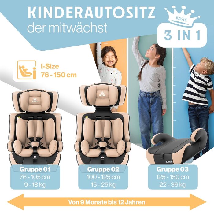 Автокрісло KIDIZ i-Size R129 100-150 см для дітей до 12 років, група 1/2/3 без Isofix, бежеве