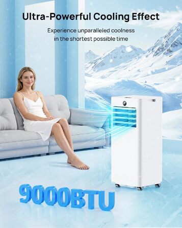 Мобільний кондиціонер 9000 BTU з відведенням повітря: охолодження, вентиляція, осушення, нічний режим. Пульт, таймер 24 год, колеса 360°. Комплект для вікна в подарунок
