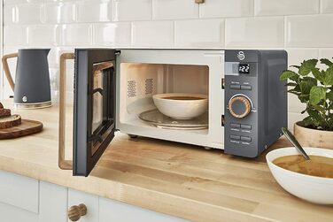 Мікрохвильова піч Swan Nordic 20 л, 800 Вт, 6 режимів, таймер 30 хв, розморожування, легке очищення, сучасний дизайн, ручка під дерево, матово-сіра
