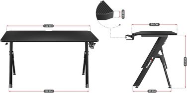 Геймерський кутовий стіл Huzaro Hero 2.8 XXL, чорний, 140x60 см, карбонова стільниця, для комп'ютера та офісу, з кабель-кліпсами
