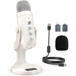 ZealSound USB мікрофон K66 перламутрово-білий, конденсаторний мікрофон для ПК, смартфонів, PS4, PS5, USB-C, для ігор, подкастів, запису, стрімінгу, зі стумом, регулюванням гейну та ефектом ехо, сумісний з Mac, Windows