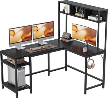 Кутовий комп'ютерний стіл CubiCubi 150x120 см з полицею, чорний, для дому та офісу, геймерський стіл з високим стелажем