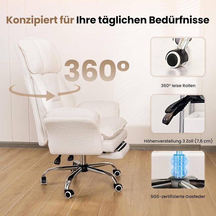 Офісний крісло Chefsessel Ergonomisch: Геймерське крісло з підставкою для ніг, регульованою спинкою 135° та відкидними підлокітниками, оббите м'яким плюшевим флісом – Бежеве