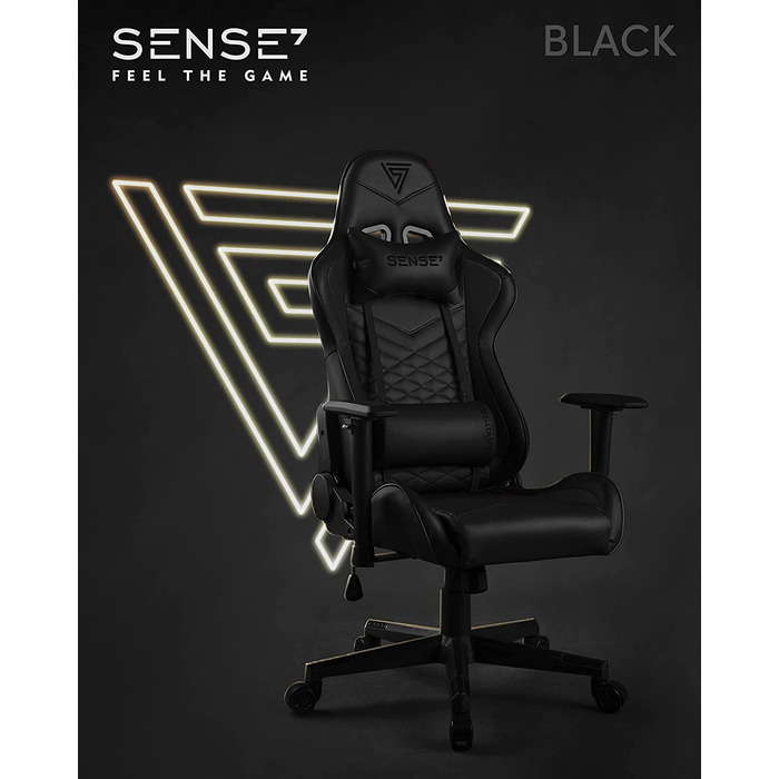 Ігрове крісло SENSE7 Spellcaster, ергономічне, PU-шкіра, регульована спинка та підлокітники, офісний комп'ютерний стілець до 150 кг, чорний