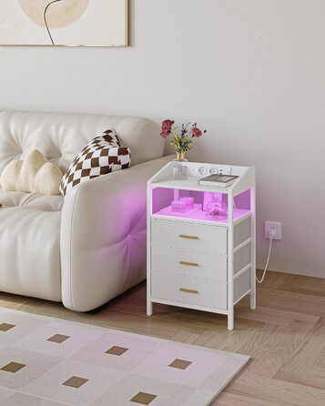 Приліжкова тумба з LED-підсвіткою, USB і розетками, 3 текстильні шухляди, полиці, для спальні та вітальні, біла NS31013W