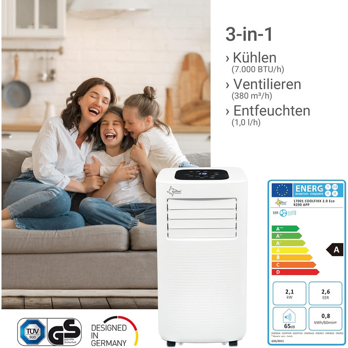 Мобільний кондиціонер Suntec CoolFixx 2.0 Eco R290 з Wi-Fi, 7000 BTU, тихий, керування через додаток, осушувач повітря для кімнат до 25 м²