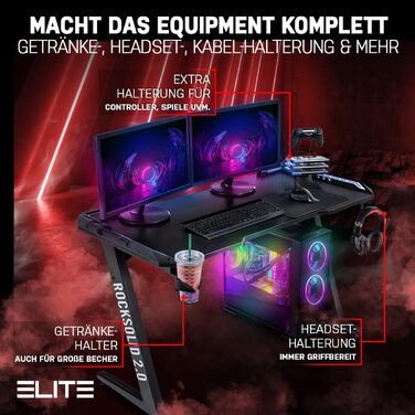 Ігровий стіл ELITE Rocksolid 2.0 чорний RGB з LED-підсвічуванням, тримачем для гарнітури та напоїв, органайзером для кабелів, комп'ютерний стіл для геймерів