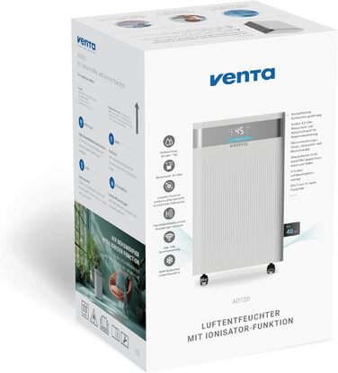 Зволожувач повітря Venta AD100 з іонізатором, 20 л/день, бак 4,5 л, для приміщень до 40 м²/100 м³, автоматичне регулювання вологості, режим сушіння білизни, R290, білий