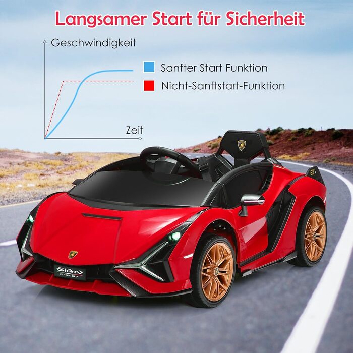 Дитячий електромобіль Lamborghini COSTWAY 12V з пультом, MP3, радіо, LED-фарами, для дітей 3-8 років, червоний