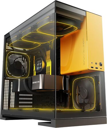 Корпус для ПК Geometric Future M5, загартоване скло, Mid Tower, E-ATX/ATX, 1.2мм сталь, ARGB вентилятори, Type-C, підтримка радіаторів 420/360 мм, чорний/жовтий