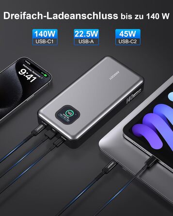 Powerbank 140W, 25000mAh з дисплеєм, PD3.1 для ноутбуків, MacBook, iPad, iPhone, Switch