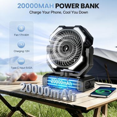 Вентилятор портативний Ateroll 20000 mAh з розпилювачем, USB, пультом ДК, LED, гачком для підвішування. Для кемпінгу, дому, тераси, подорожей - Чорний