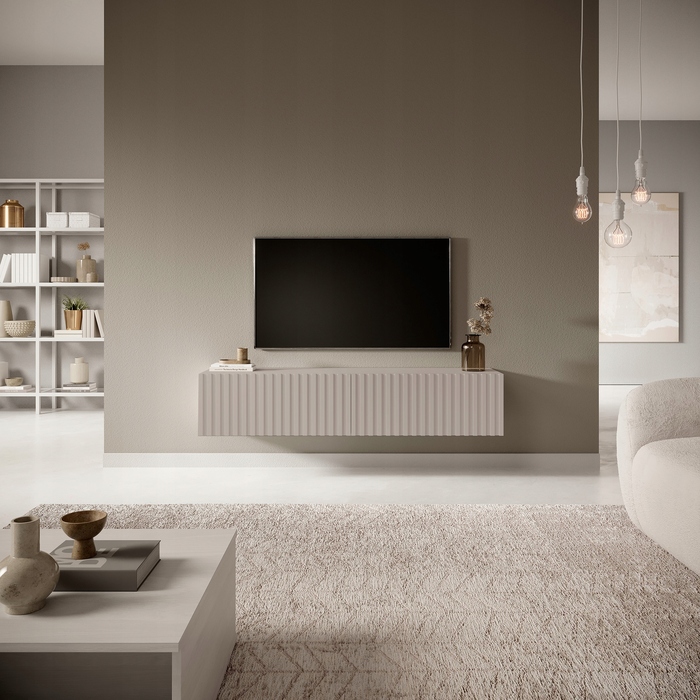 ТВ-тумба Telire 140 см, сіро-бежева, з ламельним фасадом - Selsey Design