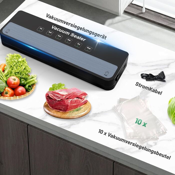 Raycial Вакууматор для продуктів з пакетами: автоматичний запаювач для сухої, вологої та свіжої їжі, фольгувальний апарат, компактний чорний