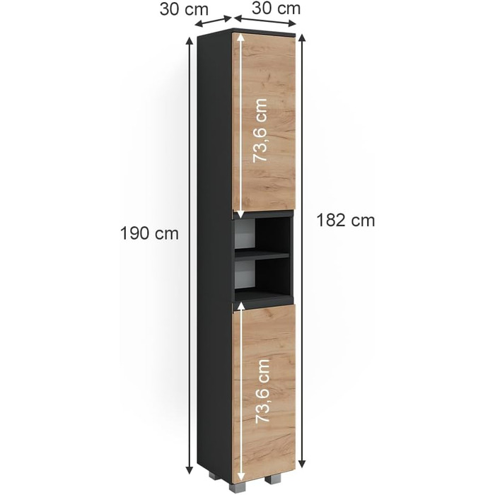 Пенал для ванної Vicco J-Shape, антрацит/дуб, 30x190 см, сірий