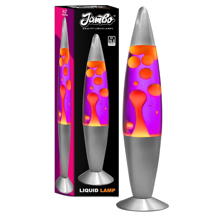 Лава-лампа JAMBO 16' (40.6 см) з фіолетовою рідиною та жовто-зеленим воском, срібляста основа — декоративний нічник для вітальні, офісу та спальні