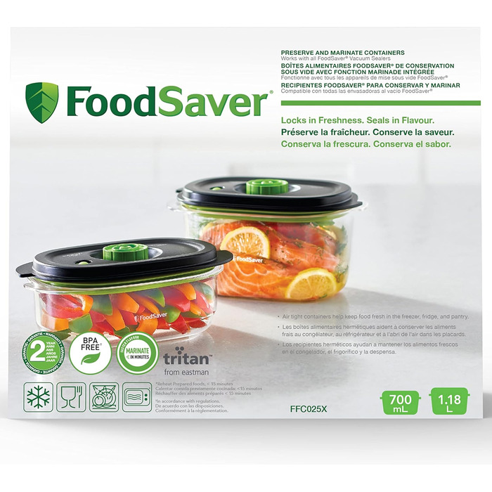 Набір вакуумних контейнерів FoodSaver Preserve & Marinate для зберігання та маринування продуктів, BPA-free, герметичні, 3 шт. (700 мл, 1.2 л, 1.8 л)