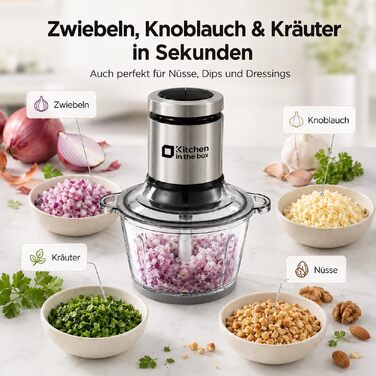 Електричний багатофункціональний подрібнювач Kitchen in the box 400W: 2 чаші по 2л (скло та нержавіюча сталь), 4 ножі, 2 режими швидкості для м'яса, овочів, горіхів та соусів, сріблястий