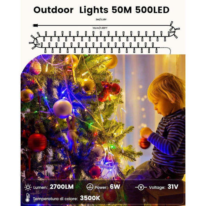 Світлодіодна гірлянда 50м 500 LED для вулиці та дому, багатоколірна та тепла біла, 11 режимів, водонепроникна з таймером для Різдва та вечірок
