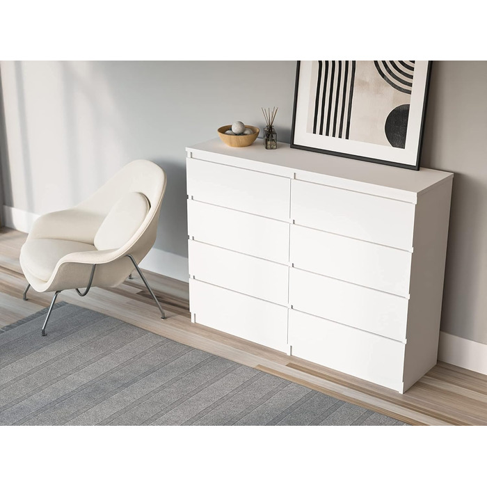 Комод 3E 3xEliving з 8 шухлядами, білий, 120 см